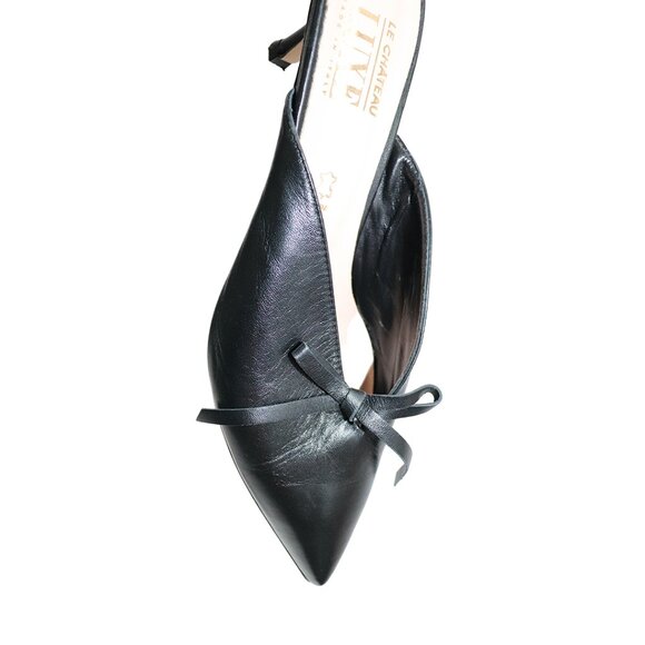 Y2K Le Chateau Black Leather Bow Knife Slingback Kitten Heels Size 8-8.5 - Picture 4 of 5